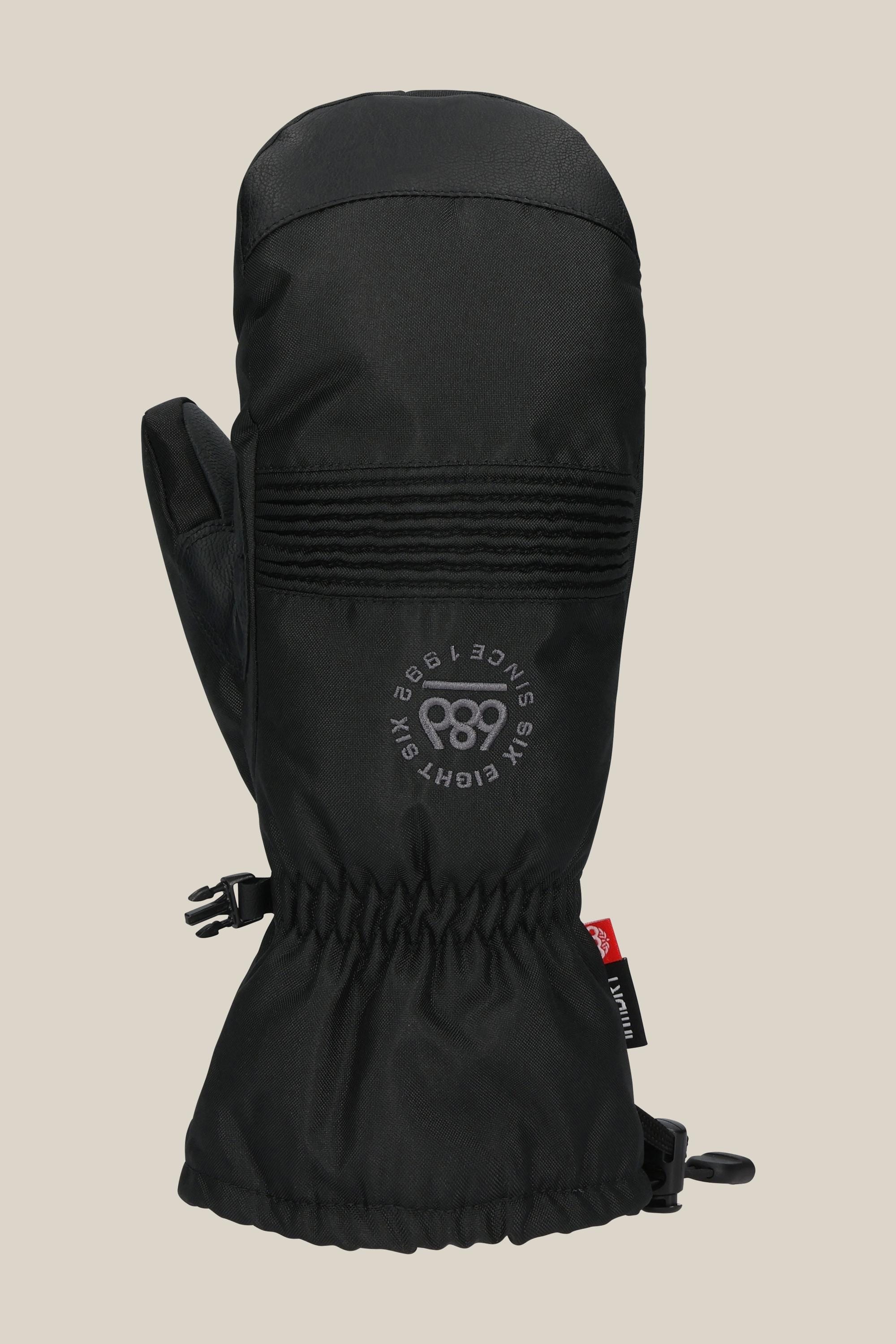 The 686 Lander™ Mitt by 686 is a black waterproof mitt with a cinched wrist, subtle stitched details, round “SKI RIGHTS SINCE 1936” logo on the back, light insulation, red side tag, and a black clip near the cuff.