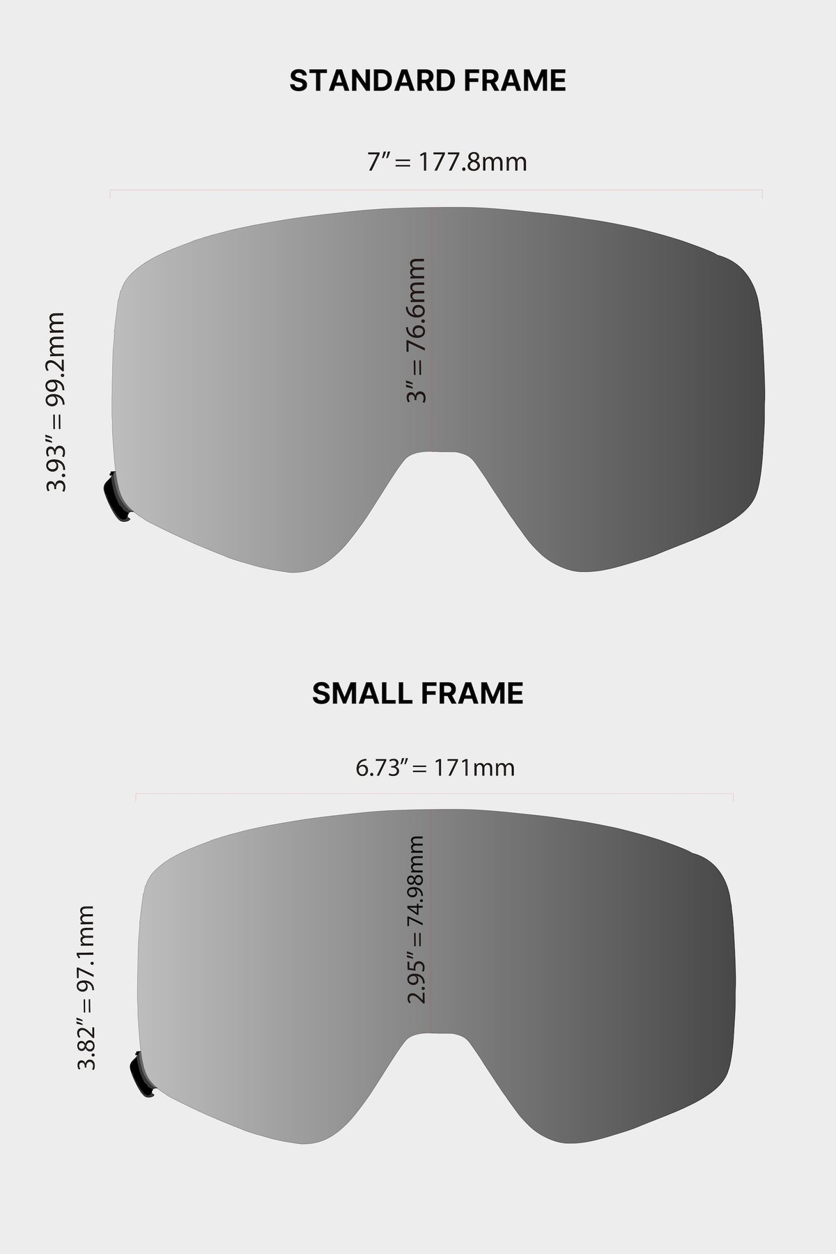 A diagram comparing the dimensions of a standard frame goggle lens at 7 inches by 3.93 inches and the 686 SMARTY® Magnetic Goggle - Small lens at 6.73 inches by 3.82 inches.
