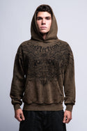 A young man faces forward against a plain light-gray background, wearing the 686 Affliction Natural Rot Pullover Hoody by 686, a brown men‚Äôs sweatshirt featuring black intricate designs and "Affliction" on the chest.
