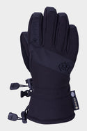 The 686 Youth GORE-TEX Linear™ Glove in black features insulated warmth, adjustable wrist cords, and prominent GORE-TEX branding—displayed upright against a white background. These gloves by 686 are designed for uncompromising winter protection.