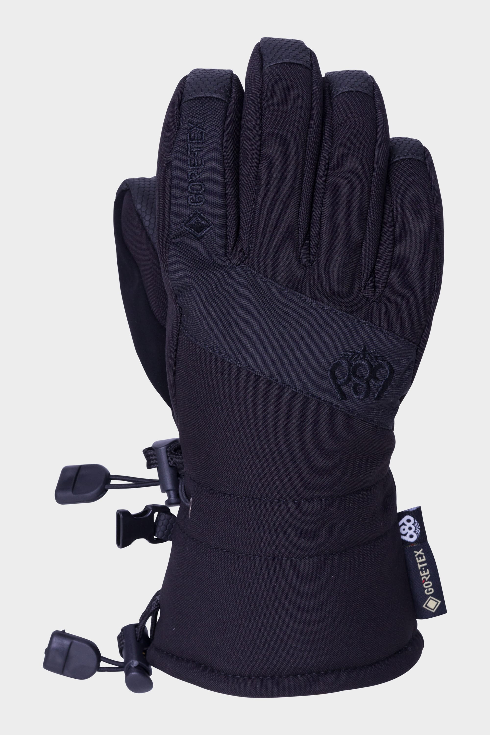 The 686 Youth GORE-TEX Linear™ Glove in black features insulated warmth, adjustable wrist cords, and prominent GORE-TEX branding—displayed upright against a white background. These gloves by 686 are designed for uncompromising winter protection.