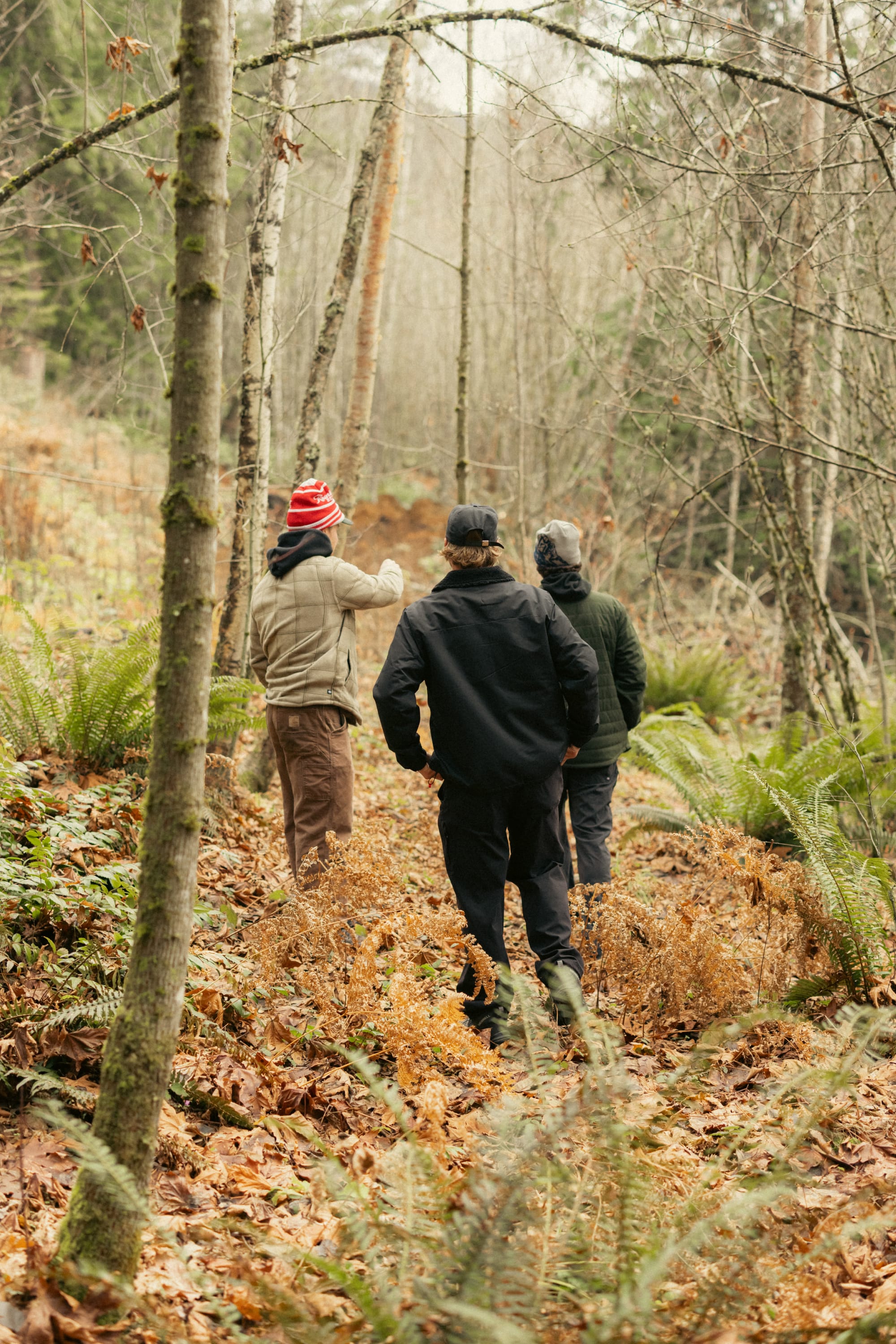 Three friends walk through a forest with autumn leaves. One wears the 686 Mens Sierra Fleece Flannel and a red striped beanie, strolling beside friends in dark clothing among ferns and tall trees on a cloudy day.