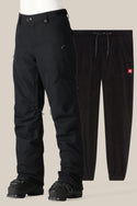 The 686 Women's SMARTY® 3-in-1 Cargo Pant, featuring a removable liner, is paired with black snow boots and displayed in front of jogger-style fleece pants with drawstring waist and patch pockets, offering three versatile options from 686 against a neutral backdrop.