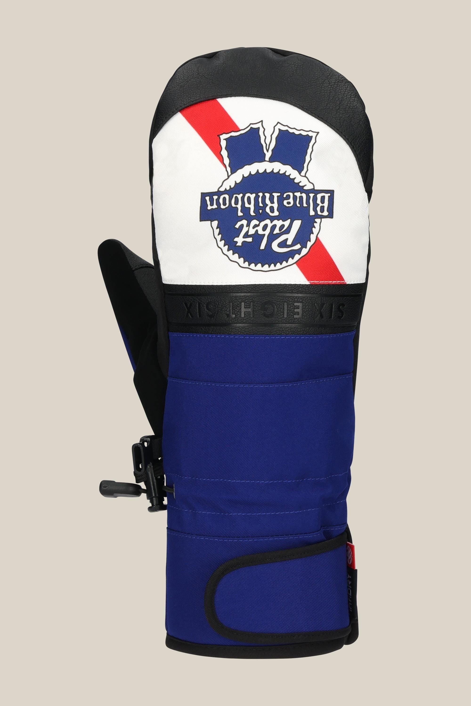 The 686 Mens infiLOFT Recon Mitt by 686 features blue and black colors, a white top with the Pabst Blue Ribbon logo, a red diagonal stripe, adjustable wrist strap and buckle, and 10k waterproofing to keep your hands dry.