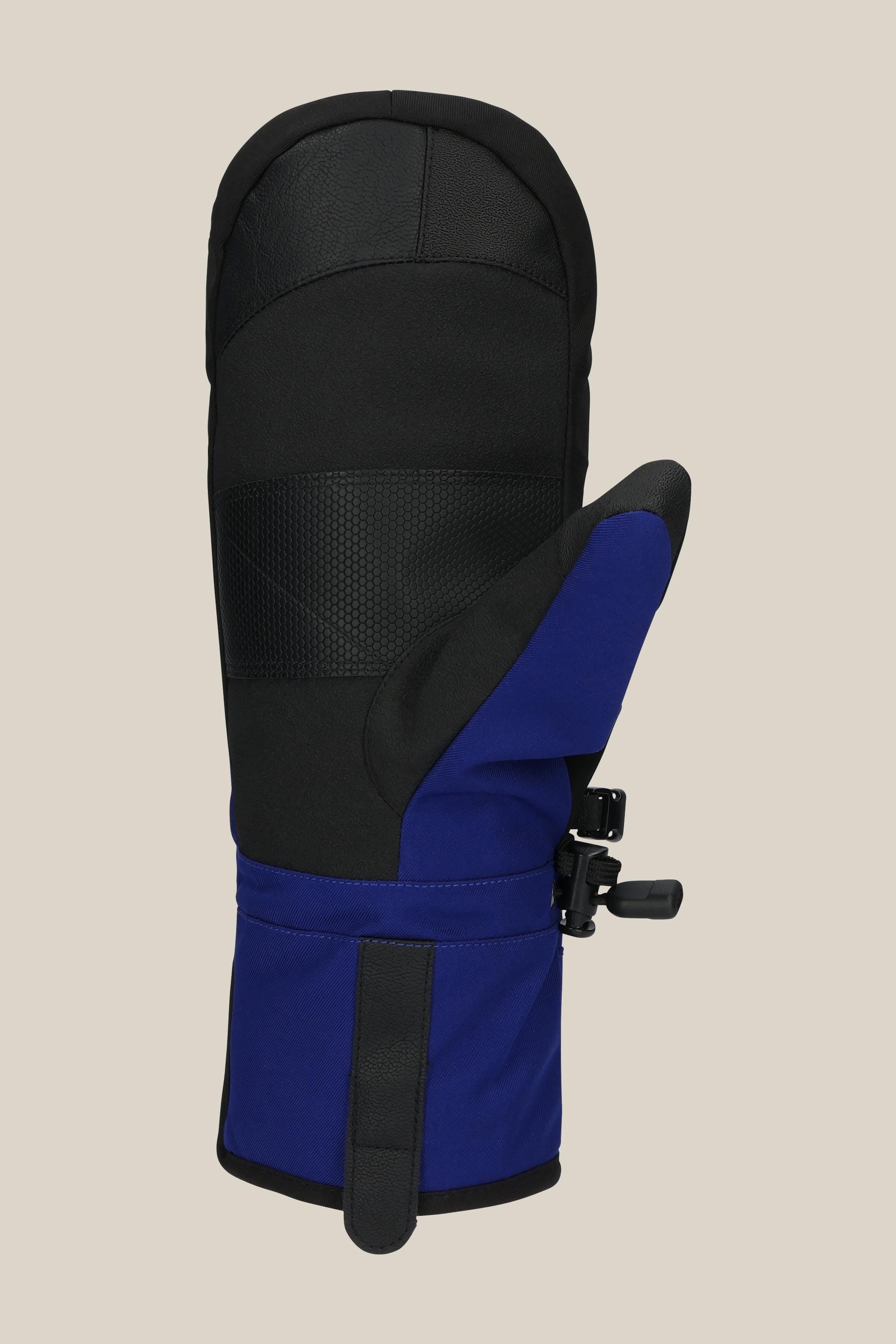 The 686 Mens infiLOFT Recon Mitt by 686 is shown upright with the thumb facing right in black and blue, featuring a strap and buckle at the wrist and 10k waterproofing, set against a plain beige background.