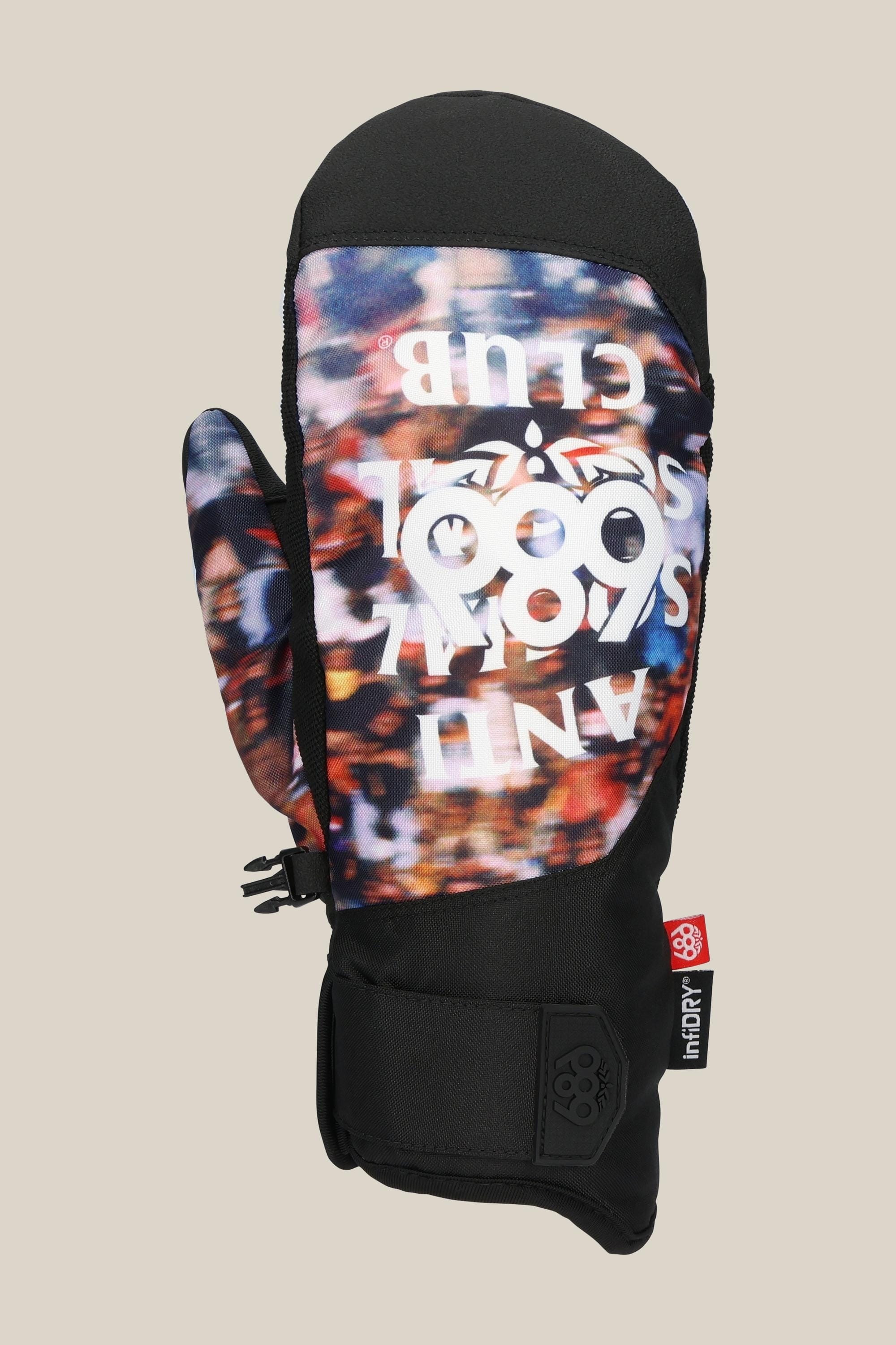 The 686 Mens Primer Mitt by 686 is a colorful snowboard mitt with blurred text, the word CLUB, an abstract logo, a reinforced black palm and thumb, and a small red branded tag near the wrist.