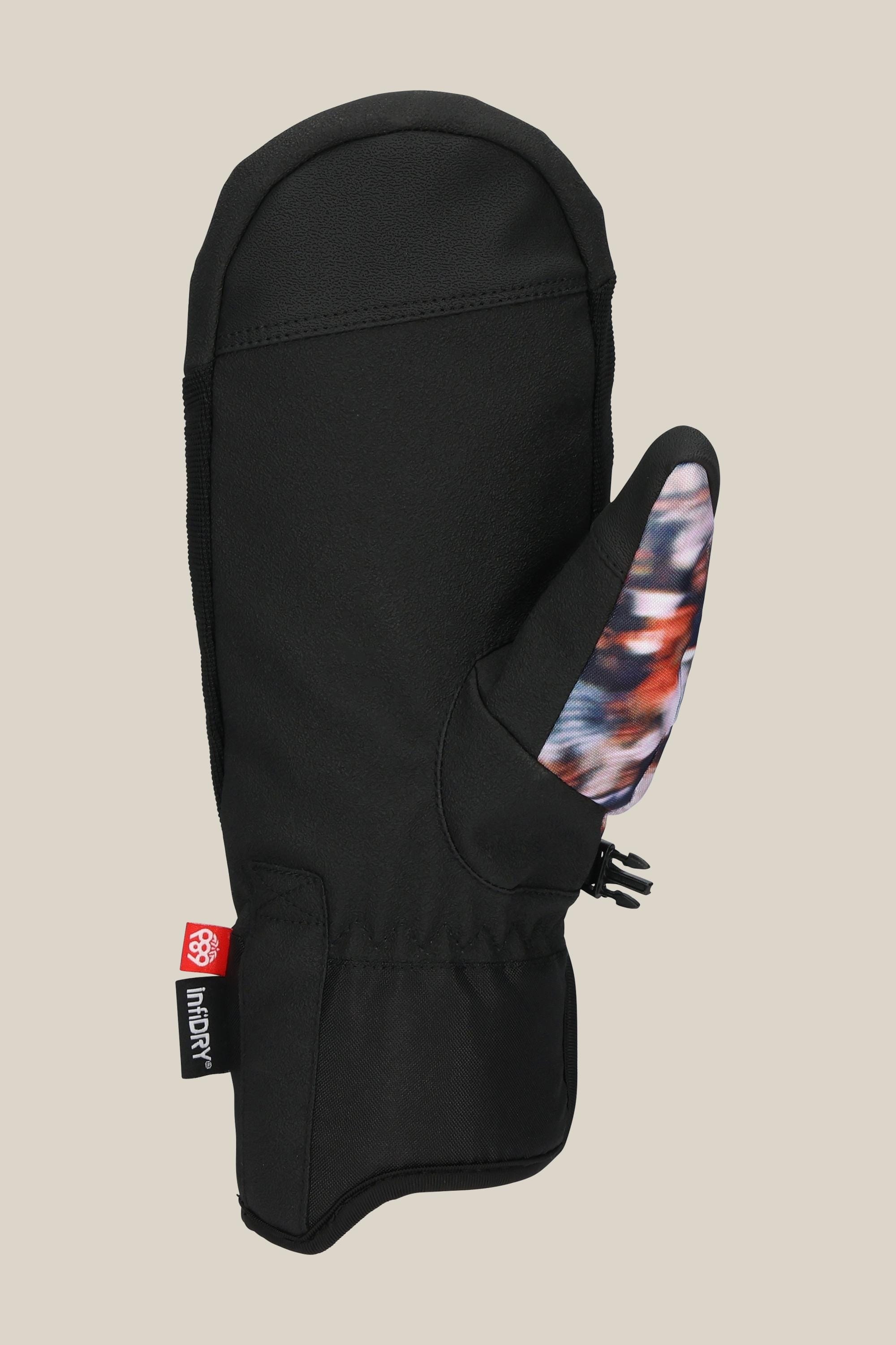 The 686 Mens Primer Mitt by 686 is a black snowboard mitt featuring a colorful abstract pattern on the thumb and a small red tag with white text, shown upright against a plain beige background.