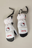 The 686 Women's Jubilee™ Mitt by 686 features white fabric with red stitching, black palms, Hello Kitty embroidery, a red bow, adjustable drawstrings, and light insulation for warmth and dryness.