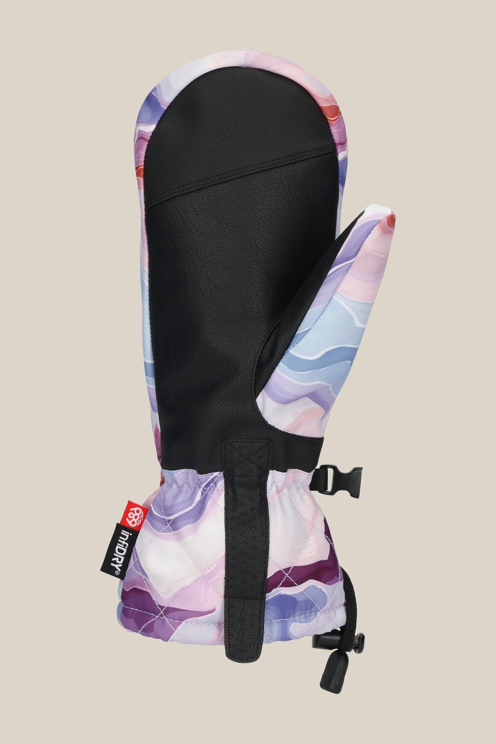 The 686 Women's Jubilee™ Mitt features a waterproof design with a black palm and thumb, pastel purple, pink, and blue fabric on the back, light insulation, an adjustable wrist strap, and subtle 686 branding.