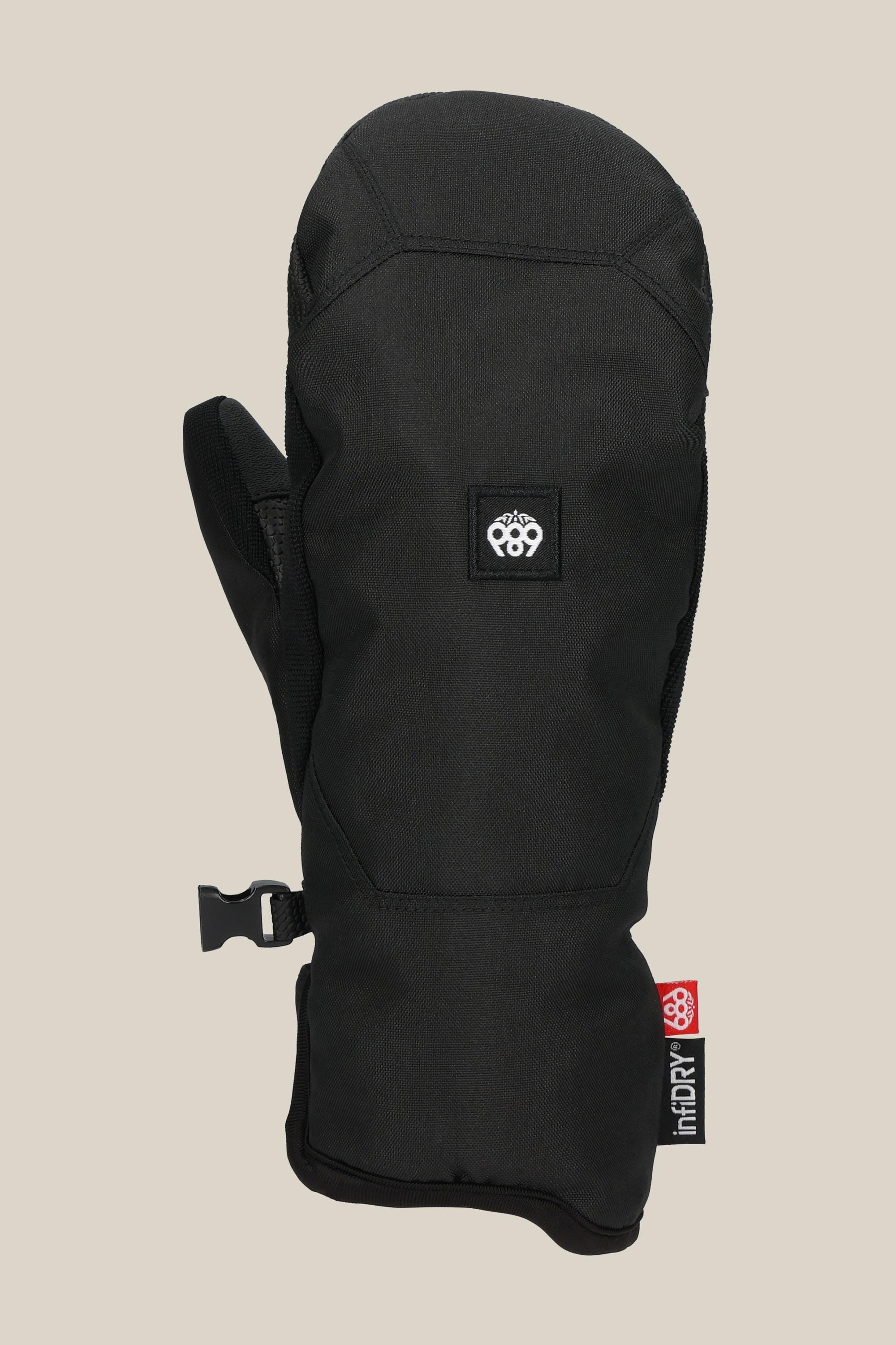 The 686 Womens Revel Mitt by 686 is a single black insulated mitt featuring a small white logo on the back, a red tag near the cuff, and an adjustable side clip, shown against a plain beige background.