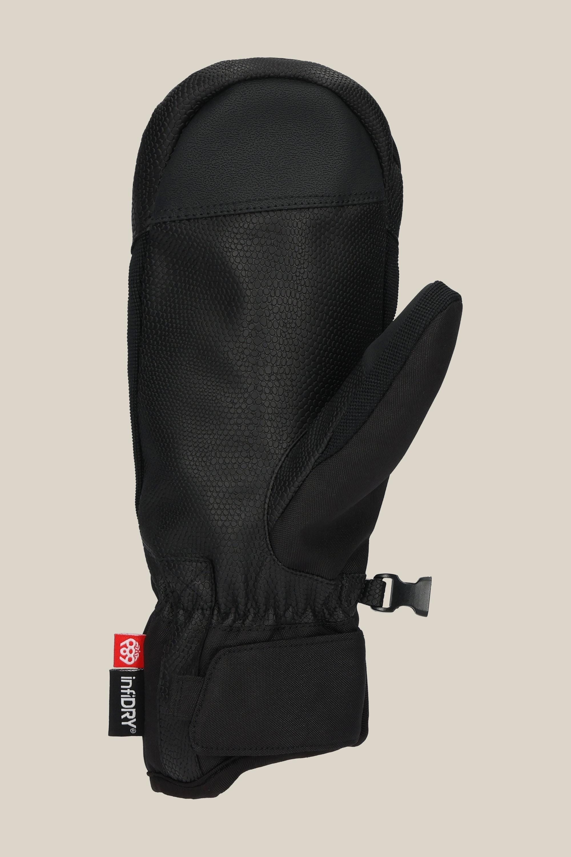 The 686 Womens Revel Mitt by 686 features black insulation, a textured surface, adjustable wrist strap, and a red and white branded tag, displayed on a plain beige background.