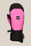 The 686 Womens Revel Mitt by 686 is a single pink and black insulated mitt featuring a small black and white logo on the back, a black cuff, and a red imDRY tag on the side, shown against a beige background.