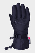 The 686 Youth Heat Glove by 686 is a black winter glove with an adjustable wrist strap, back zippered pocket for hand warmers, cuff drawstring, small logo, and a red side tag to help keep fingers warm.
