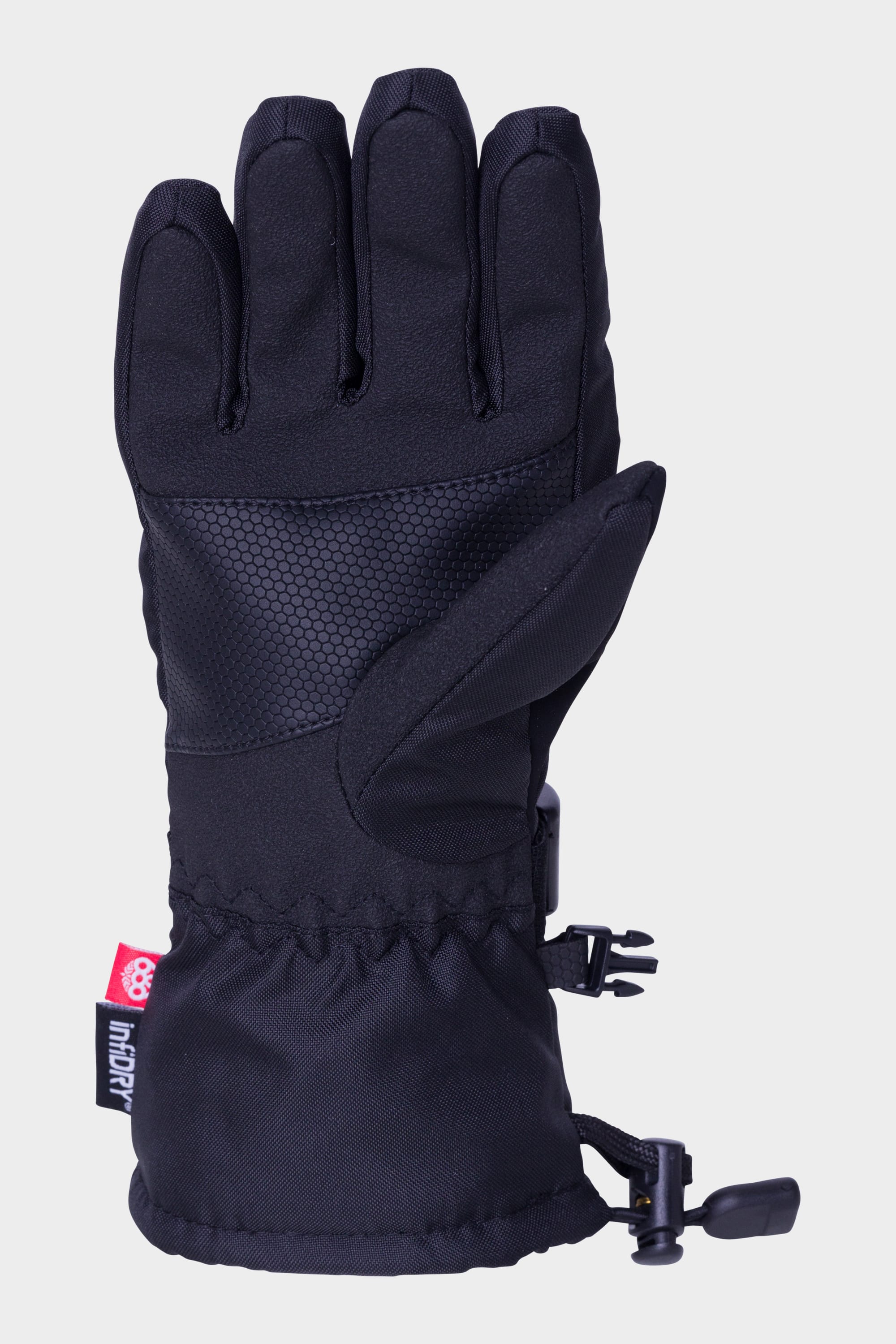 The 686 Youth Heat Glove by 686 is a black winter glove with a textured palm grip and adjustable wrist strap to keep fingers warm. The glove features a red and white tag near the wrist, shown with the palm facing forward.