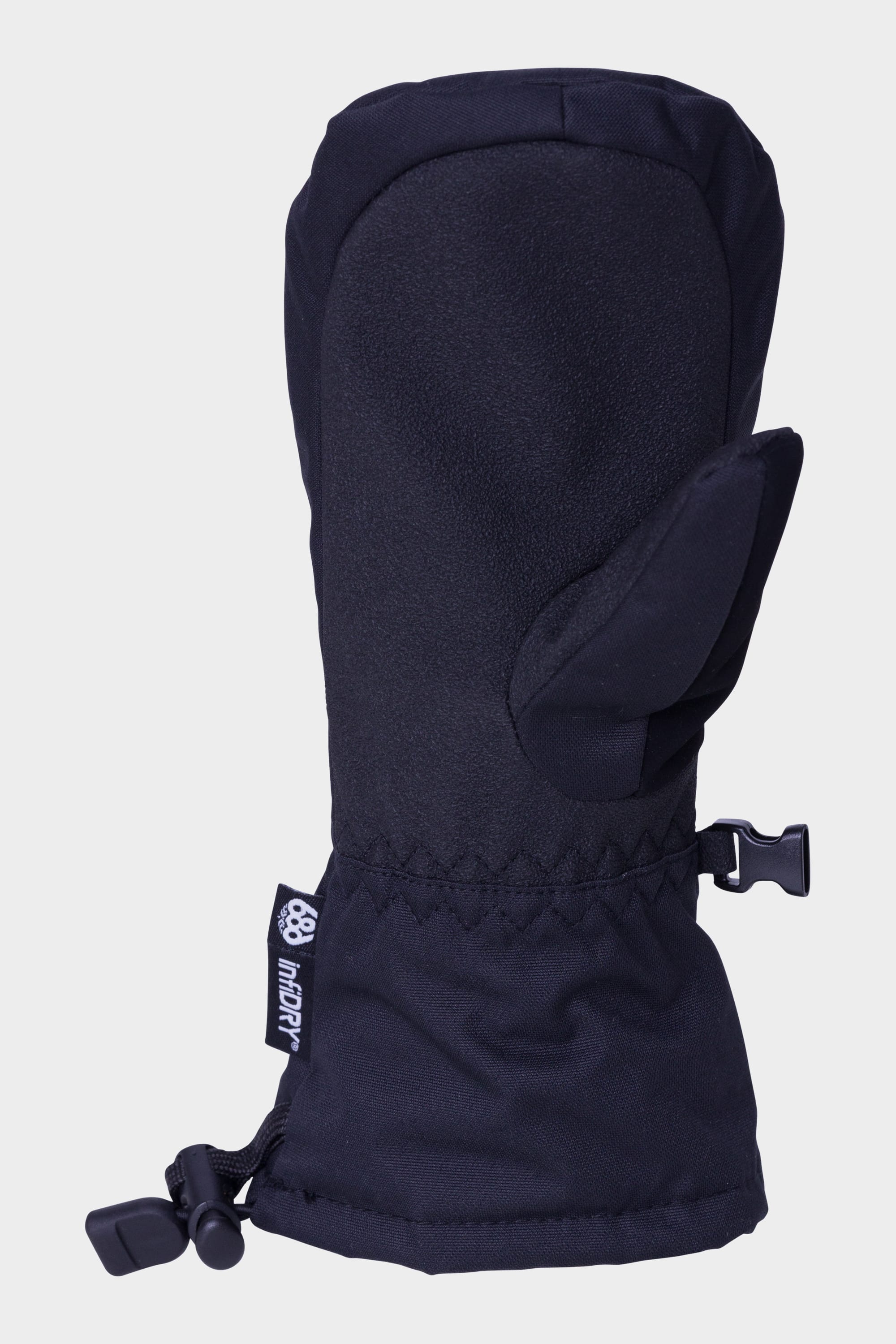 The 686 Youth Heat Mitt by 686 is a single black mitten featuring a drawstring wrist, side clip, and small tag with white text, shown against a plain white background—an essential winter accessory for kids.