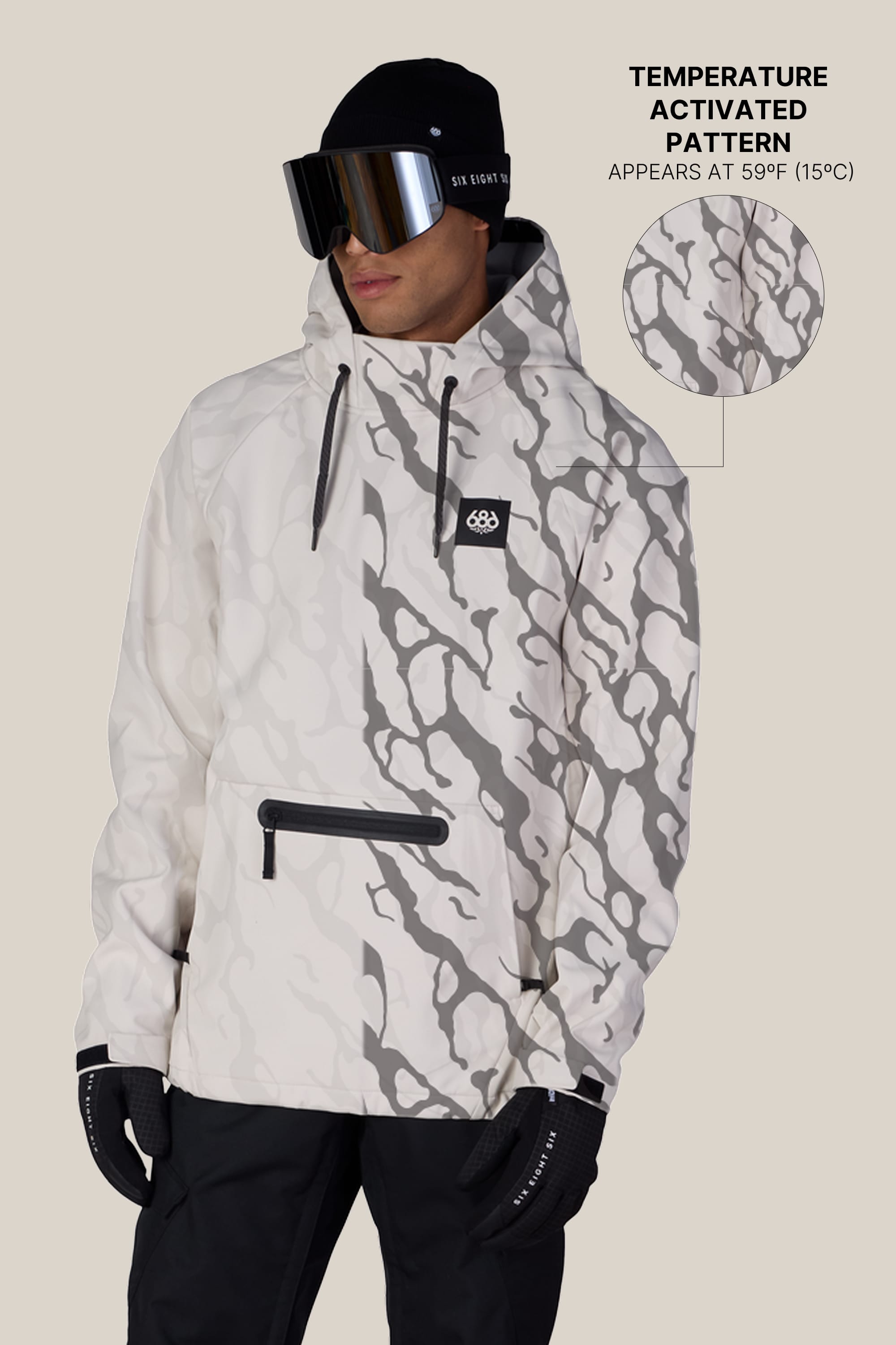 A person wears the 686 Men’s Waterproof Hyperchromic Pullover Hoody, featuring a white color with gray patterns, along with black pants, gloves, and goggles. Text explains that the pattern on the 686 hoody becomes visible at 59°F (15°C) due to its temperature-activated design, accompanied by a close-up of the pattern detail.