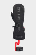The 686 Men's GORE-TEX Leather Deep Days™ Mitt is a black leather mitt featuring GORE-TEX waterproofing, a secure wrist cinch, and an attached black-and-red leash with repeating SIX EIGHT SIX logos.