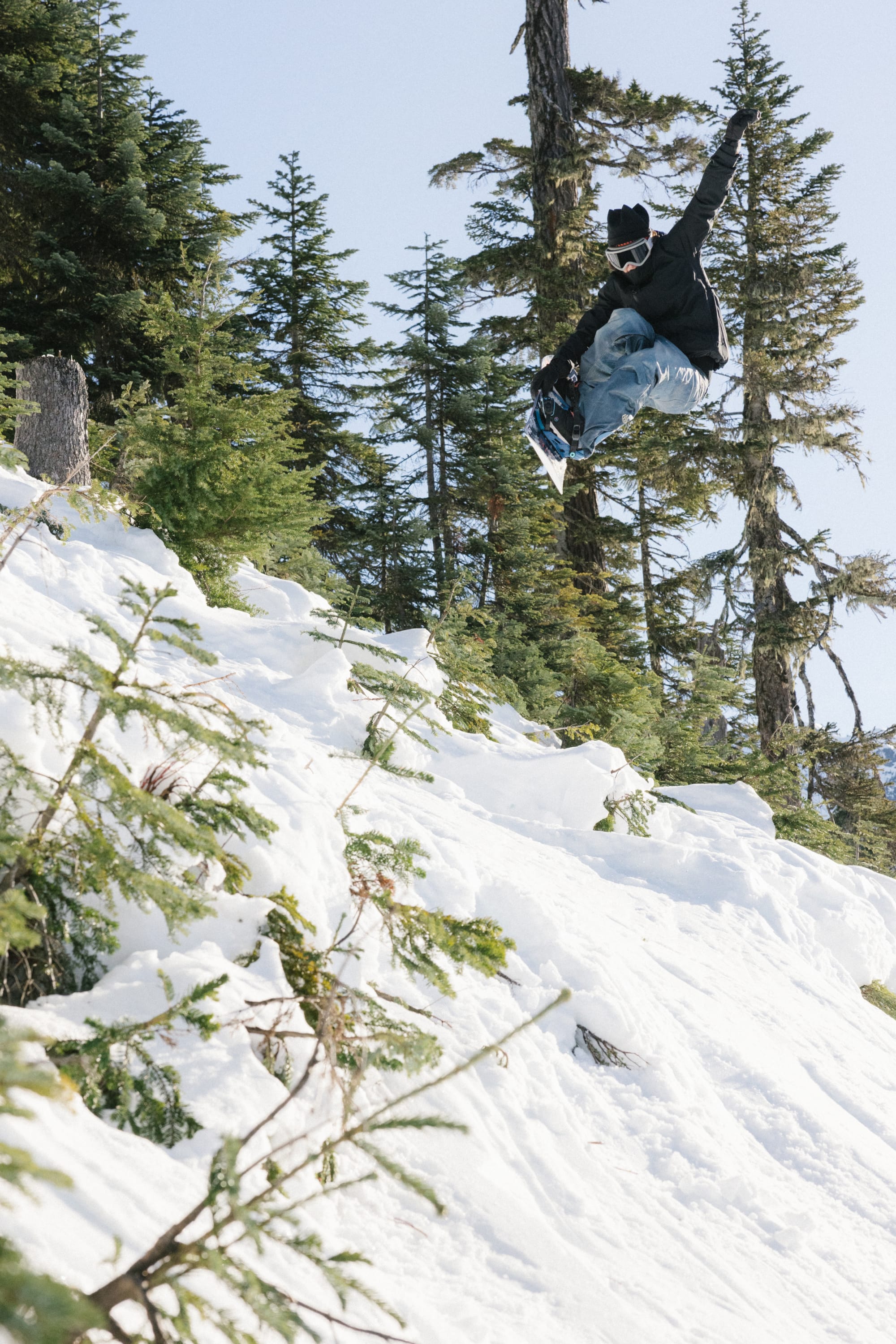 A snowboarder in mid-air performs a trick above a snowy slope, wearing 686 Women's Deconstructed™ Denim Insulated Pant by 686, surrounded by evergreen trees under a clear blue sky.