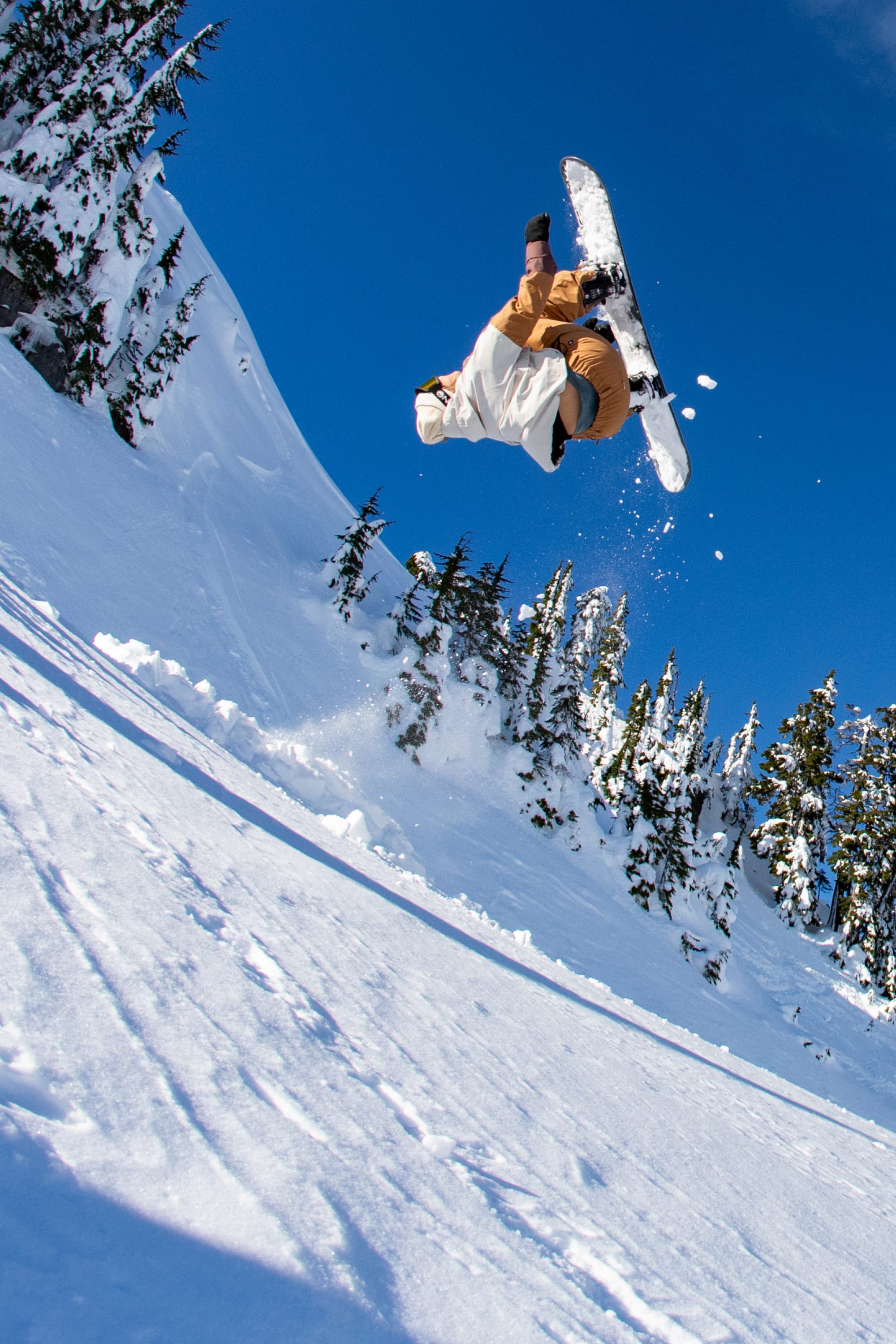 Wearing 686 Women's Outline™ Shell Pants, a snowboarder catches air off a snowy slope. Snow sprays from her board, framed by evergreens and a bright blue sky.