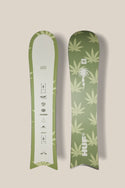 Two green 686 HUF SB Slush Slasher Snowboards: one displays the front with 686 branding and details; the other shows the back, featuring a large light green marijuana leaf and "HUF" text.