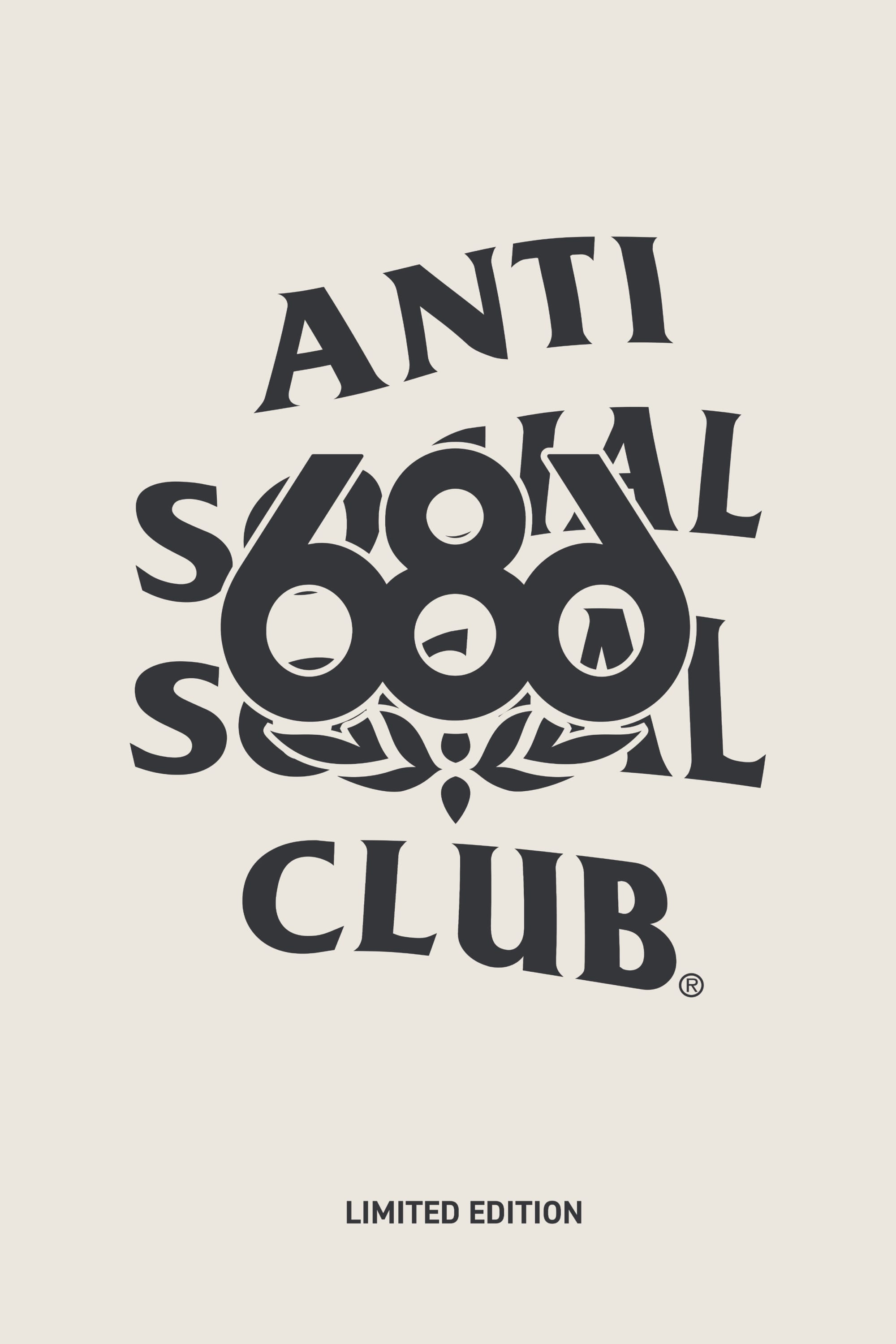 Bold, overlapping black text reads ‚ÄúANTI SOCIAL SOCIAL CLUB‚Äù with the 686 logo in the center, all on a beige background of the 686 Men's ASSC F1 Waterproof Team Hoody. ‚ÄúLIMITED EDITION‚Äù appears below in smaller lettering.