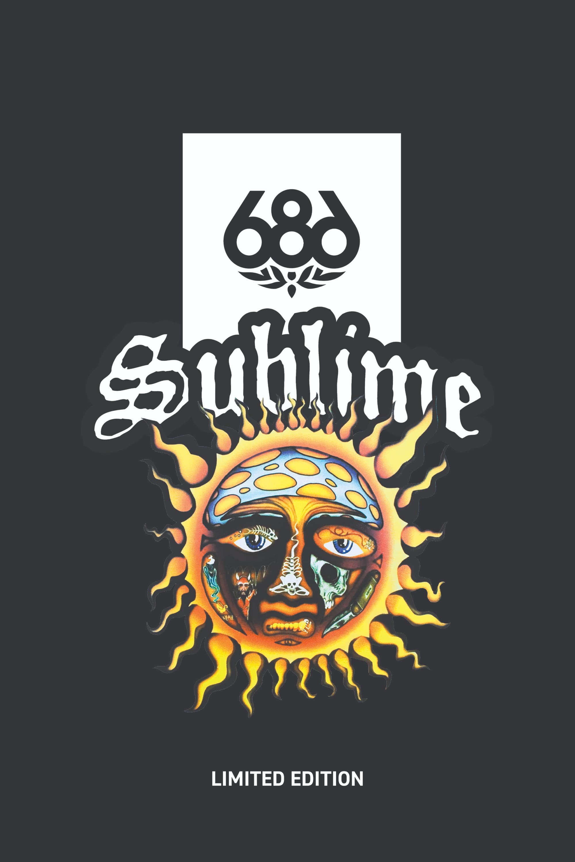 The 686 Mens Sublime Tioga Fleece Pullover features a stylized sun face with Sublime in gothic font, the 686 logo above, and Limited Edition below, all on a men’s polyester fleece against a dark background.