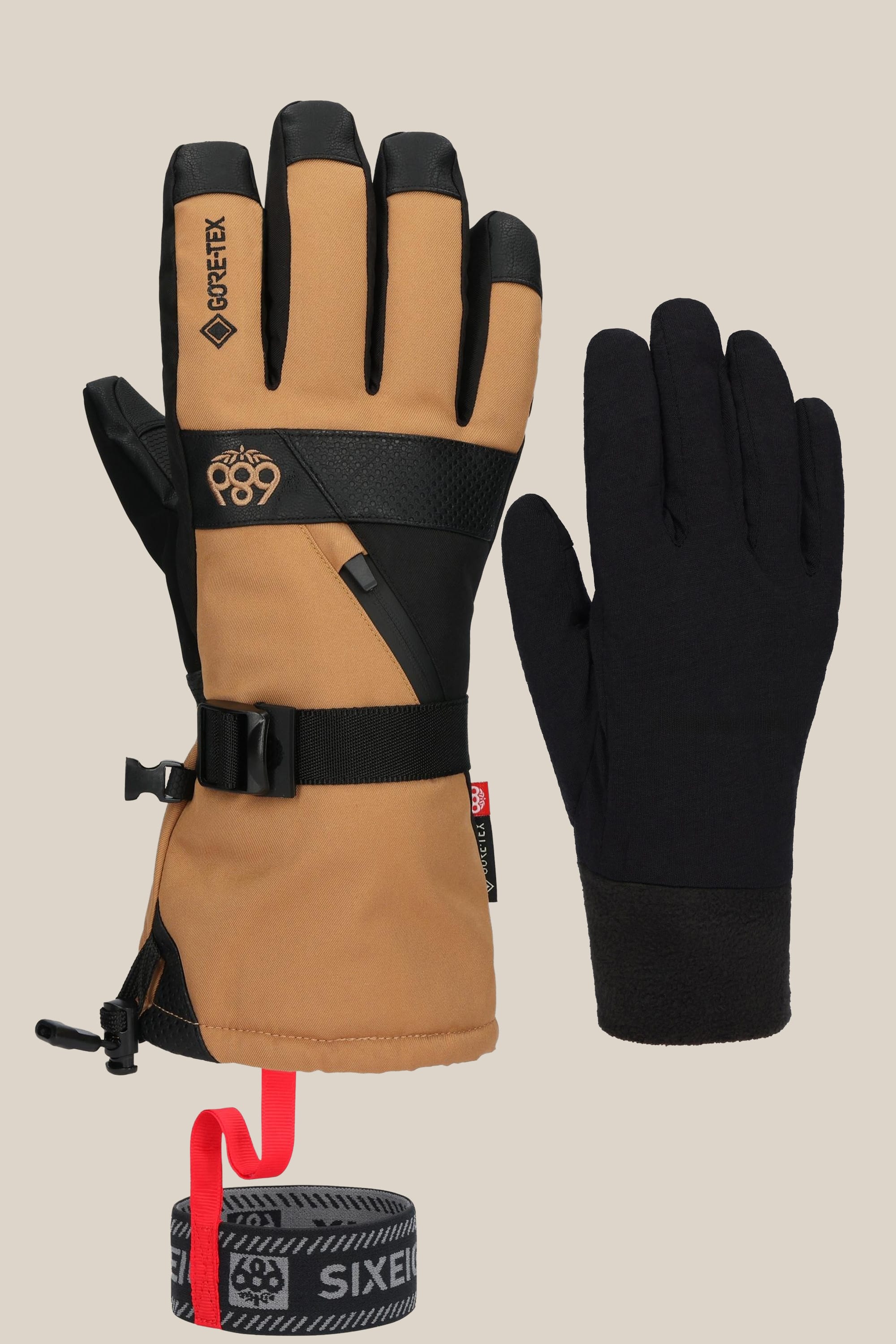 The 686 Men's GORE-TEX SMARTY® 3-In-1 Gauntlet Glove set includes a tan and black waterproof insulated PU glove with adjustable straps, and a simple black poly glove. Below them is a gray and red elastic wrist strap. Brand: 686.