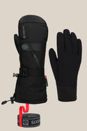 The 686 Men's GORE-TEX SMARTY® 3-In-1 Gauntlet Mitt by 686 includes a black insulated PU mitt, a thin liner glove, and a gray wrist strap with red accents, all shown against a plain beige background.