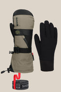 The 686 Men's GORE-TEX SMARTY® 3-In-1 Gauntlet Mitt in khaki and black, featuring a clip, strap, black liner glove, and rolled gray-red wrist leash, is shown on a neutral background. Brand: 686.