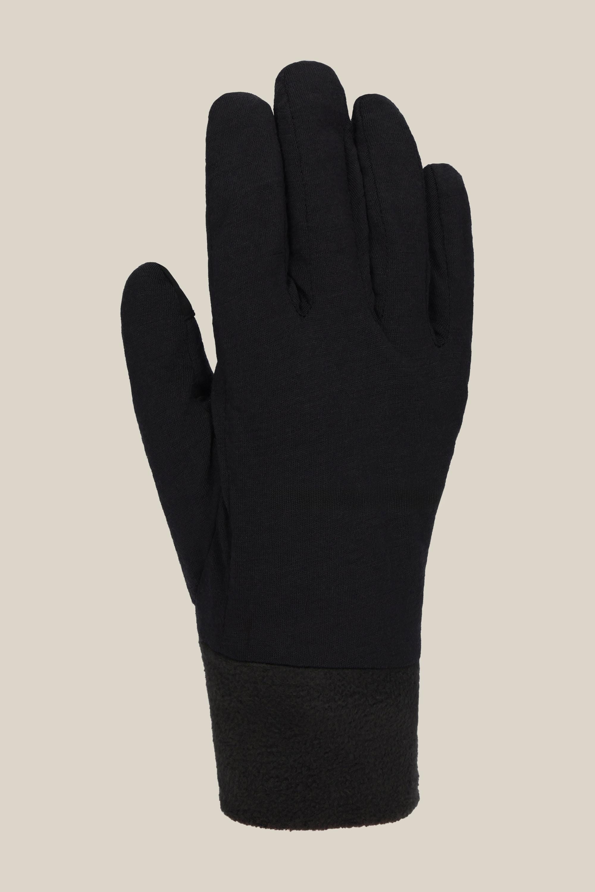 A single 686 Mens Merino Glove Liner by 686, in black, is displayed upright against a plain beige background with the palm facing away and fingers extended.