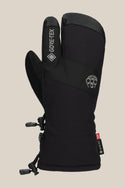 The 686 Men's GORE-TEX Linear Trigger Mitt, a black three-finger men’s mitt with GORE-TEX branding, embroidered logo, and adjustable PU wrist straps, is displayed upright against a plain beige background.