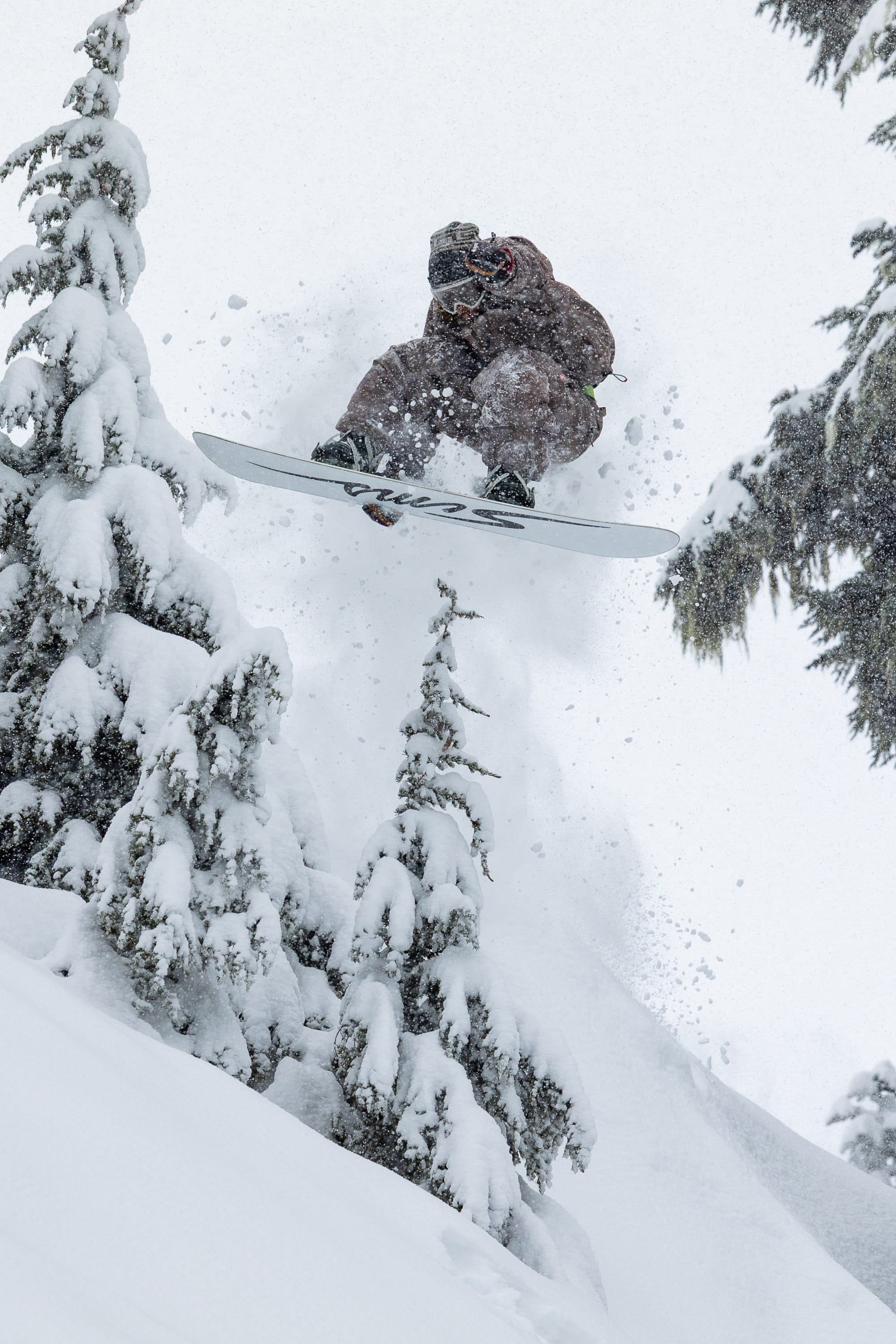 A snowboarder in the 686 Men’s Dojo® Shell Jacket launches off a snowy slope, surrounded by snow-covered pine trees as powder flies up around him.