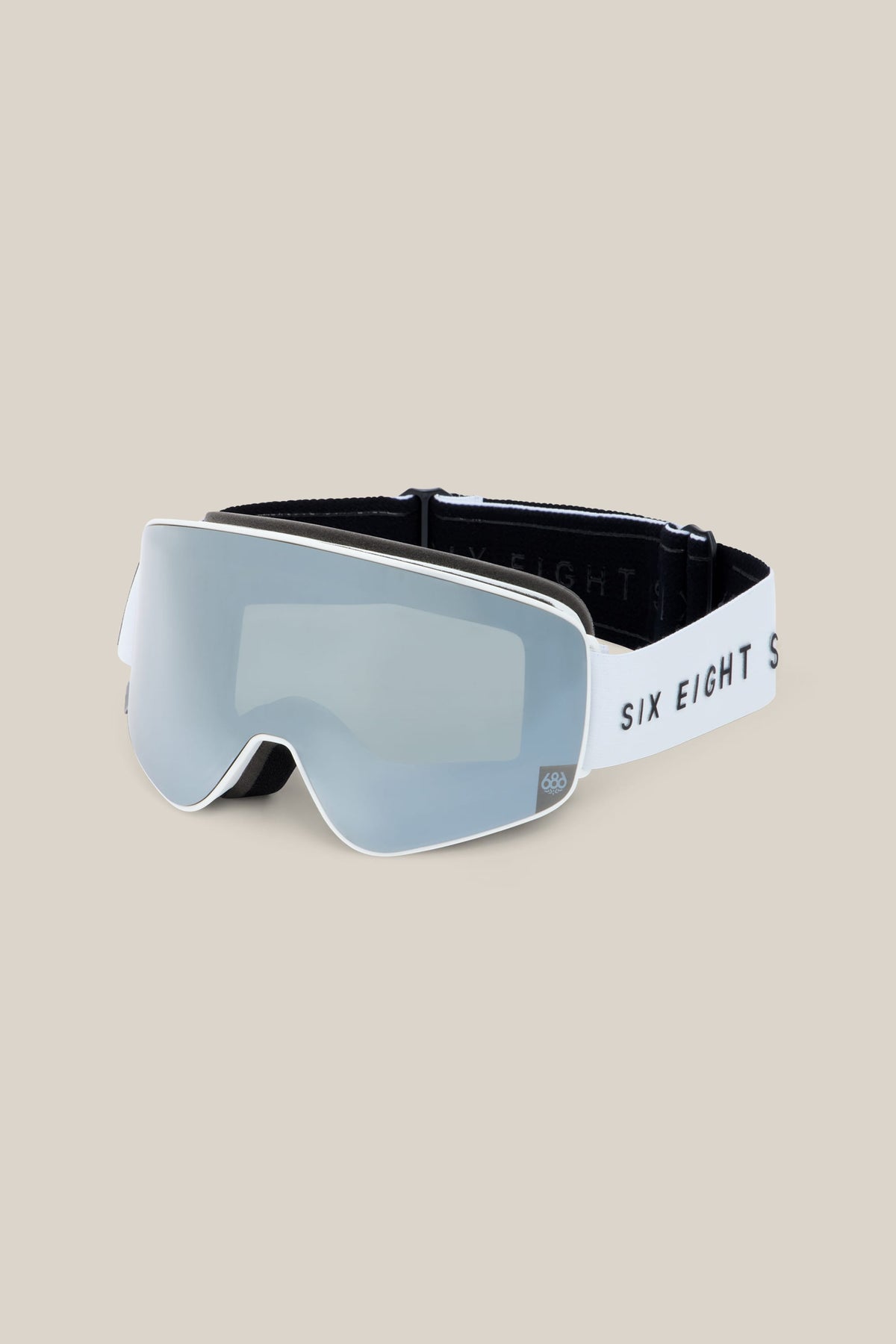 White 686 SMARTY® Magnetic Goggle - Small with a silver mirrored lens and a white strap featuring black text.